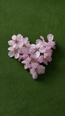 Obraz premium Heart Shaped Arrangement of Cherry Blossoms on Green Background for Creative Projects