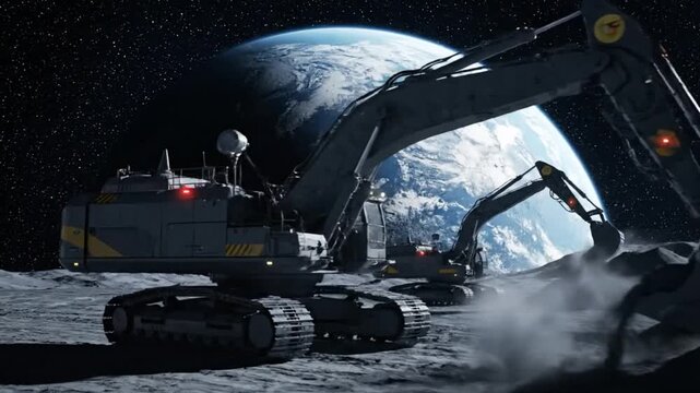 Lunar Excavation - Heavy Machinery Digging on the Moon with Earth in the Background.