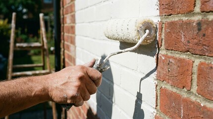 Close-up of a hand gripping a paint roller while applying white masonry paint to a weathered red brick wall. Paint flecks, sharp sunlight shadow, and a blurred garden with ladder behind.