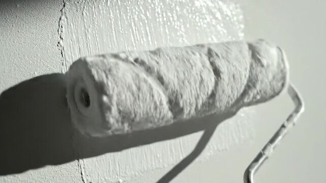 Paint roller spreading freshly applied thick white paint on a rough textured wall during renovation