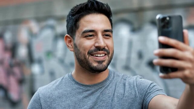 A man takes a selfie with a smile, showing a natural and authentic moment captured outdoors, demonstrating the art of self-expression in the moment.