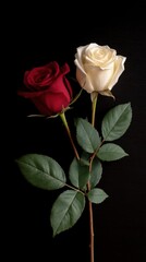 Fototapeta premium Half Blooming Red and White Roses on Black Background with Green Leaves
