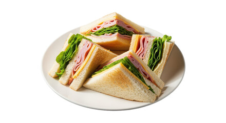 A plate of cut sandwiches with ham and lettuce on transparent background