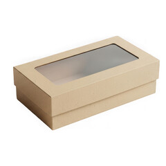Brown cardboard box with rectangular glass window on top isolated on transparent background