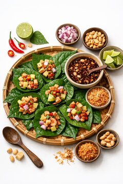 Top view of vibrant Miang Kham Thai leaf wraps arranged on a bamboo tray with bowls of peanuts, lime, chilies, and sauce, perfect for menus, blogs, and culinary advertising.