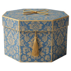 Blue and gold ornate octagonal gift box with tassel and bow on top isolated on transparent background