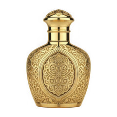 Intricately designed gold perfume bottle with floral patterns isolated on transparent background