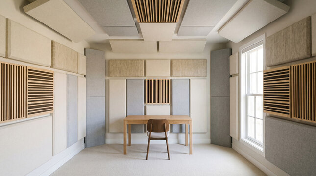 Serene soundproofed environment for creative thought, a pristine studio workspace bathed in gentle daylight