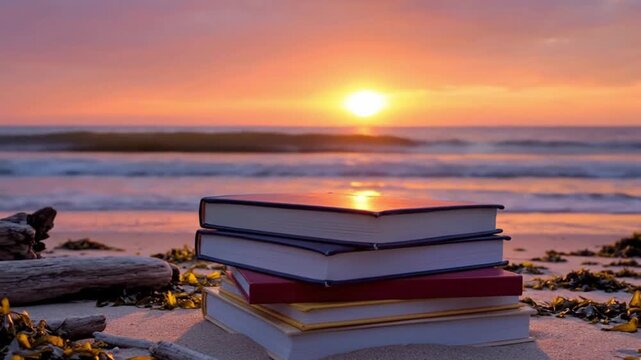 A serene and inviting scene unfolds on a sun-drenched beach, showcasing a stack of colorful hardcover books nestled in the sand. The backdrop features a magnificent sunset or sunrise, painting the sky