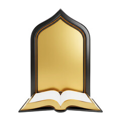 Islamic Archway with Open Holy Book, Gold and Black Design, Religious Symbolism