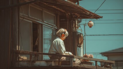 A young woman working on wooden railing outside old house with serene landscape view