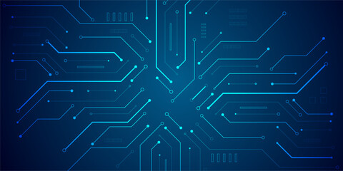 Modern futuristic technology background with abstract electronic circuit lines in blue tones. Concept of artificial intelligence, digital networks, data processing and IT innovation.