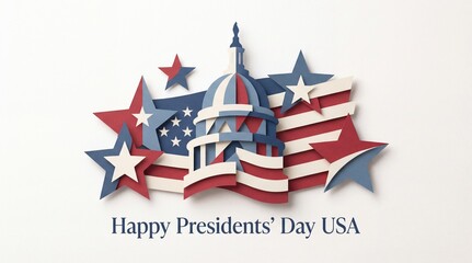 Paper Cut Style Illustration for Presidents Day Featuring US Capitol Dome with Stars and American Flag Elements on White Background