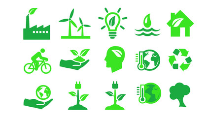 An icon set representing sustainable lifestyle, renewable energy, and environmental awareness.