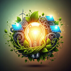 A glowing lightbulb surrounded by eco-friendly technology and green leaves