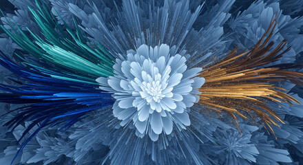 Obraz premium Abstract fractal image with blue flower-like shape in the center, with teal, blue and brown streaks radiating outwards, suggesting growth or radiation