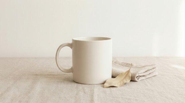 A clean ceramic mug sitting on a light linen surface with a dried leaf