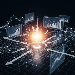 A glowing lightbulb surrounded by data visualization screens and graphs on a futuristic grid background