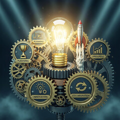 A glowing lightbulb surrounded by gears and symbols of innovation and progress
