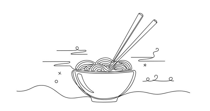 Line art of bowl with noodles and chopsticks. None editable stroke