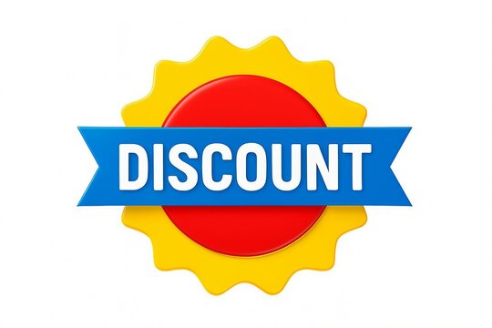 A vibrant discount emblem featuring a red circle and yellow border with a blue ribbon banner.