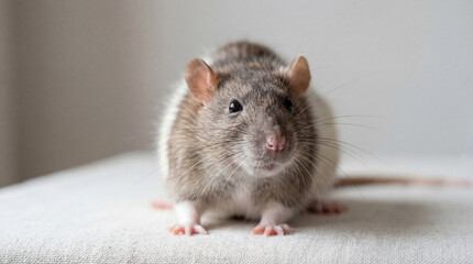 Curious companion rat sits calmly on a soft white surface, gazing gently forward in a serene indoor setting during the quiet daytime