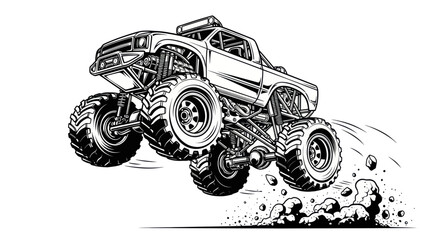 Monster Truck Jumping Action - Black and White Illustration © Aziz