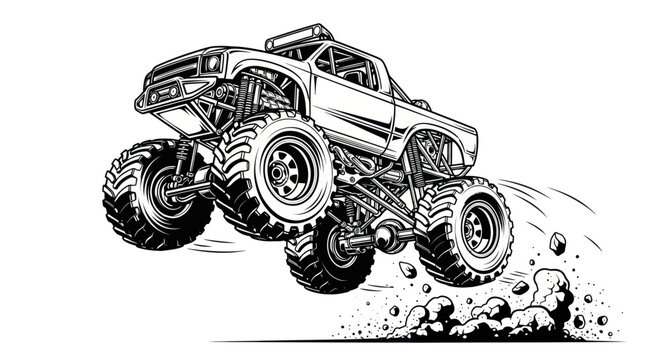 Monster Truck Jumping Action - Black and White Illustration