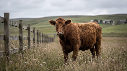Patient brown bovine stands serene in a windswept meadow, a rustic timber fence meandering toward distant emerald hills beneath a tranquil, soft sky