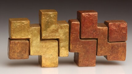 Interlocking Geometric Metallic Forms in Gold and Bronze Textures