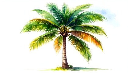 Watercolor palm tree with green fronds. Soft rendering, vibrant color and natural texture