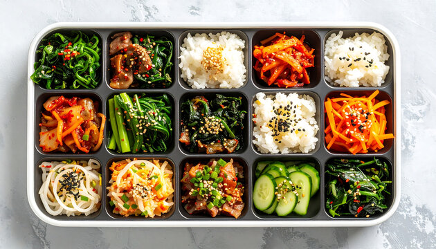 Vibrant and Delicious Korean Dosirak Lunchbox Featuring an Assortment of Traditional Banchan Side Dishes and Steamed Rice, Presented in a Modern Flat Lay Style for a Healthy Meal