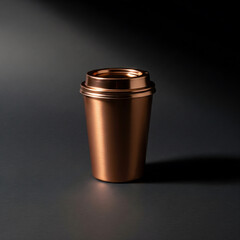 Elegant Copper Coffee Cup with Lid on Dark Background, Modern Drinkware Concept