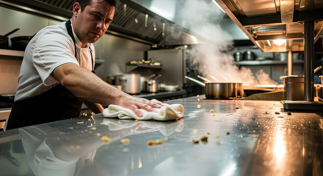 Hardworking Chef Cleaning Stainless Steel Counter in Dramatic Commercial Kitchen
