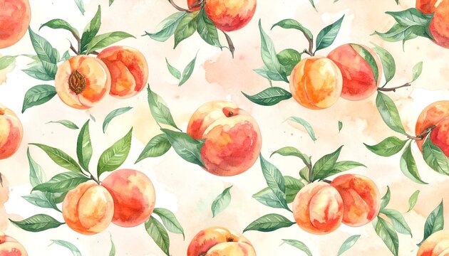 Watercolor peaches with leaves are arranged in a vibrant repeat pattern against a blended peach/cream background
