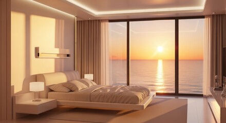 Serene bedroom with modern furniture overlooking the ocean at sunrise from a luxurious viewpoint