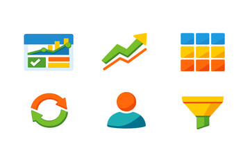 Six flat design icons representing business analytics, growth trends, data grids, synchronization, user profiles, and filtering processes displayed on a dark background.