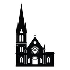 gothic church building exterior with tall spire and stained glass windows, historical architecture silhouette for religious services and events, european cathedral facade