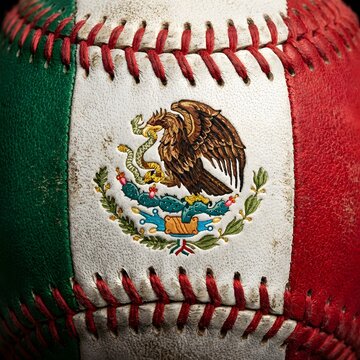 Detailed baseball showing Mexico flag texture with embroidered eagle emblem on leather