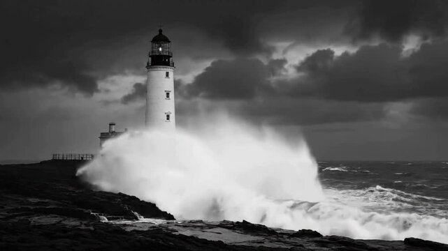 A lone lighthouse stands resolute against the relentless onslaught of a stormy sea, showcasing its enduring strength and resilience.