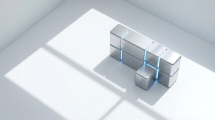 A silver cube with a blue light on it is sitting on a white surface