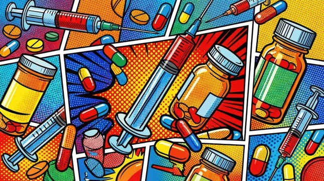 Colorful pop art illustration of medical syringes pill bottles and loose capsules with comic book panel layout