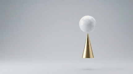 A white ball is suspended in midair above a gold cone