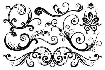 set of elegant swirls decorative flourishes silhouette line art vector illustration with a white background