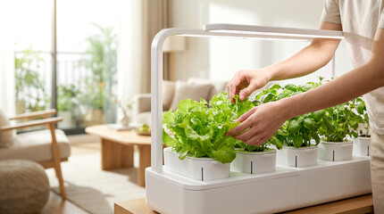 A woman is tending to a plant in a white planter