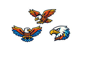 Obraz premium Three stylized eagle mascot illustrations featuring vibrant orange, blue, and white colors on a black background. The set includes two eagles in flight and one detailed head profile.