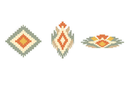 Three pixelated geometric tribal patterns are displayed against a solid black background. The designs feature symmetrical diamond shapes in shades of sage green, cream, orange, and yellow.