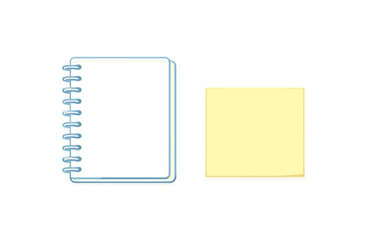 A light blue spiral notebook and a yellow square sticky note are positioned side by side against a solid black background. This graphic illustration represents office supplies.