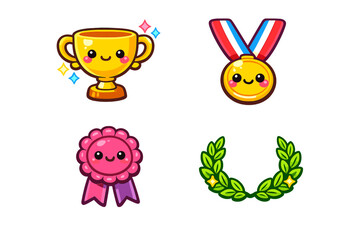 Fototapeta premium A collection of four cute cartoon award icons including a golden trophy, a gold medal, a pink rosette ribbon, and a green laurel wreath, all featuring smiling faces on a black background.