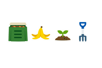 This illustration features icons for composting including a green bin with organic waste, a yellow banana peel, a small green sprout in soil, and a blue garden fork on a black background.